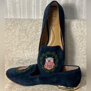 Talbots Ryan Embroidered Blue Suede Loafers Polar Bear Size 5-1/2
